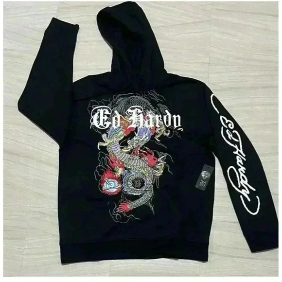 NEW Ed Hardy Black Pullover Hoodie Dragon Serpent Tattoo Design Mens LargeNWT - Picture 1 of 12